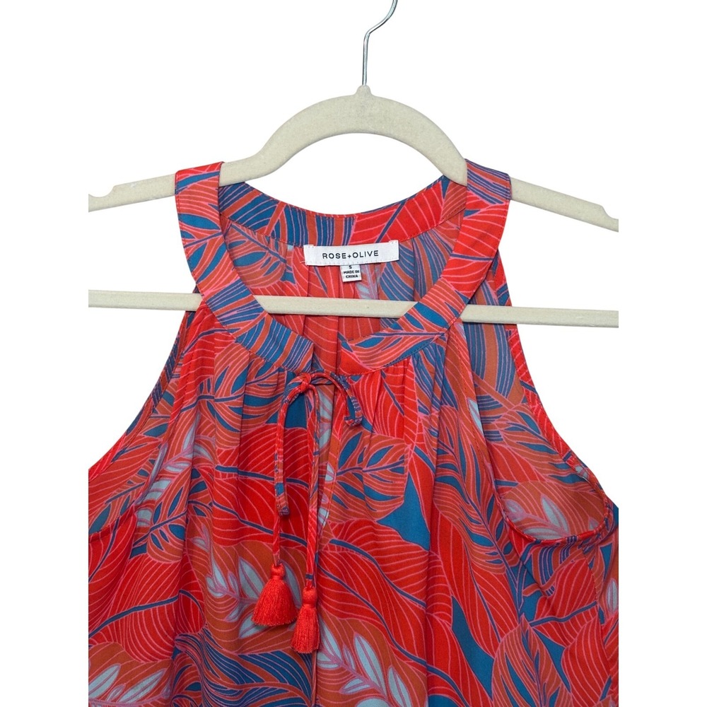 Rose + Olive Womens Halter Top Size S Coral Red Blue Tropical Leaf Boho Tassel - Picture 4 of 9